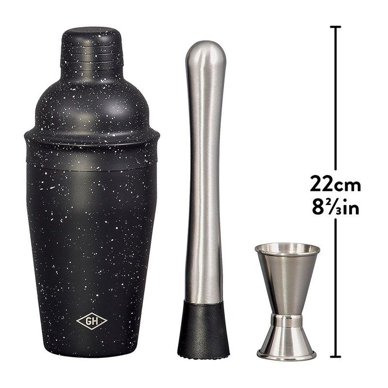 Bộ pha chế gồm bình lắc, cốc đong và dụng cụ