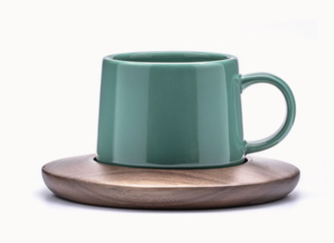 Tách sứ phủ men bóng Kèm đế gỗ D14 300ml